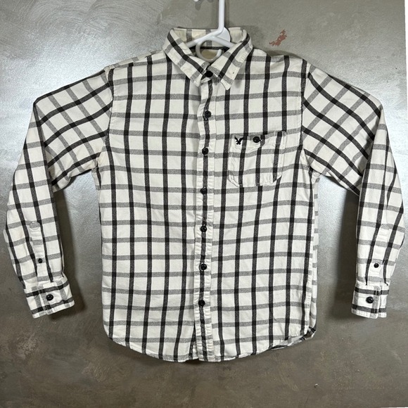 American Eagle Outfitters Mens Medium White Black Grid Plaid Flannel Shirt M - Picture 2 of 8